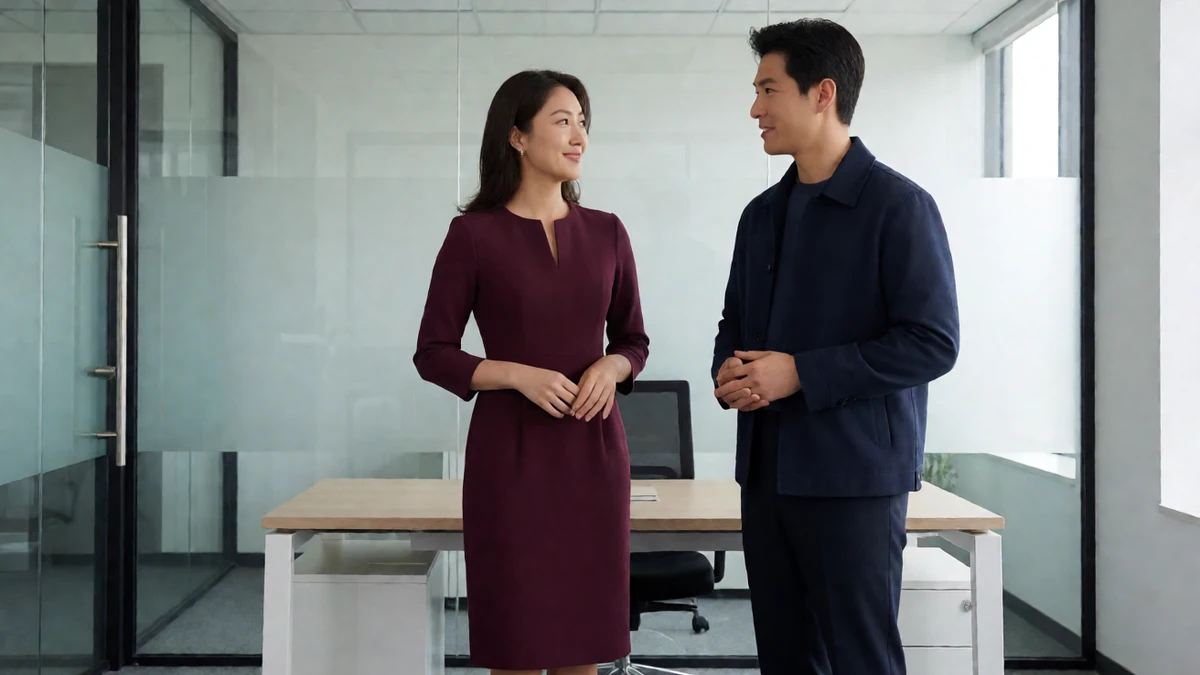 女性向av絶対領域主题图，成年女性穿职业连衣裙与成年男同事在办公室玻璃墙旁交谈