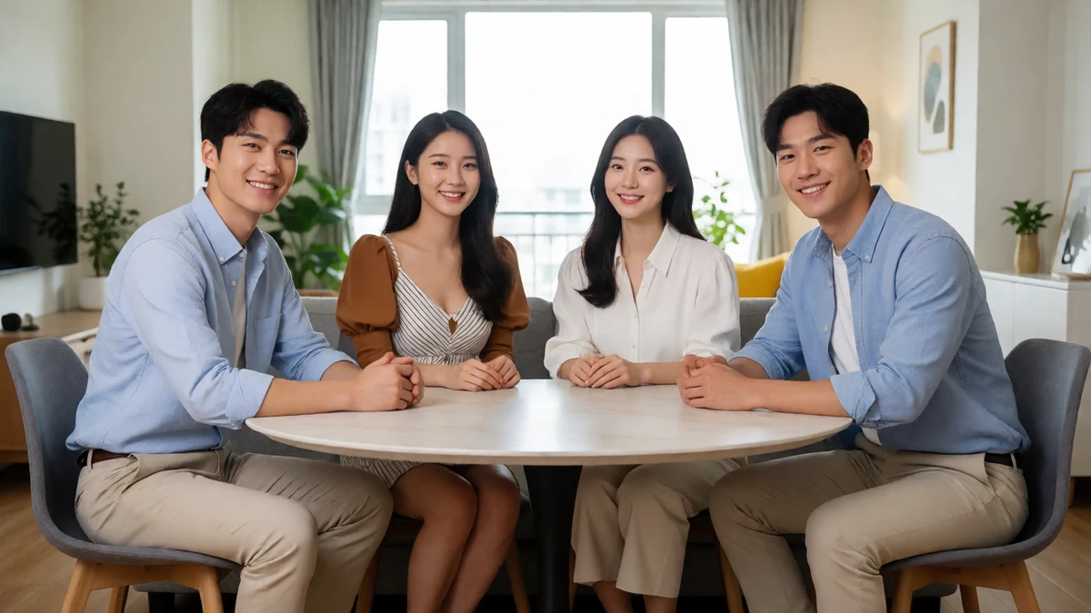 女性向avUnder One Roof主题图，两对成年情侣穿日常服装坐在共同客厅