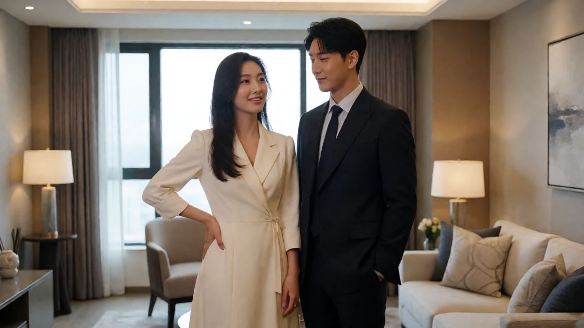 女性向av一徹专题图，成年男性穿深色西装与成年女性站在公寓客厅
